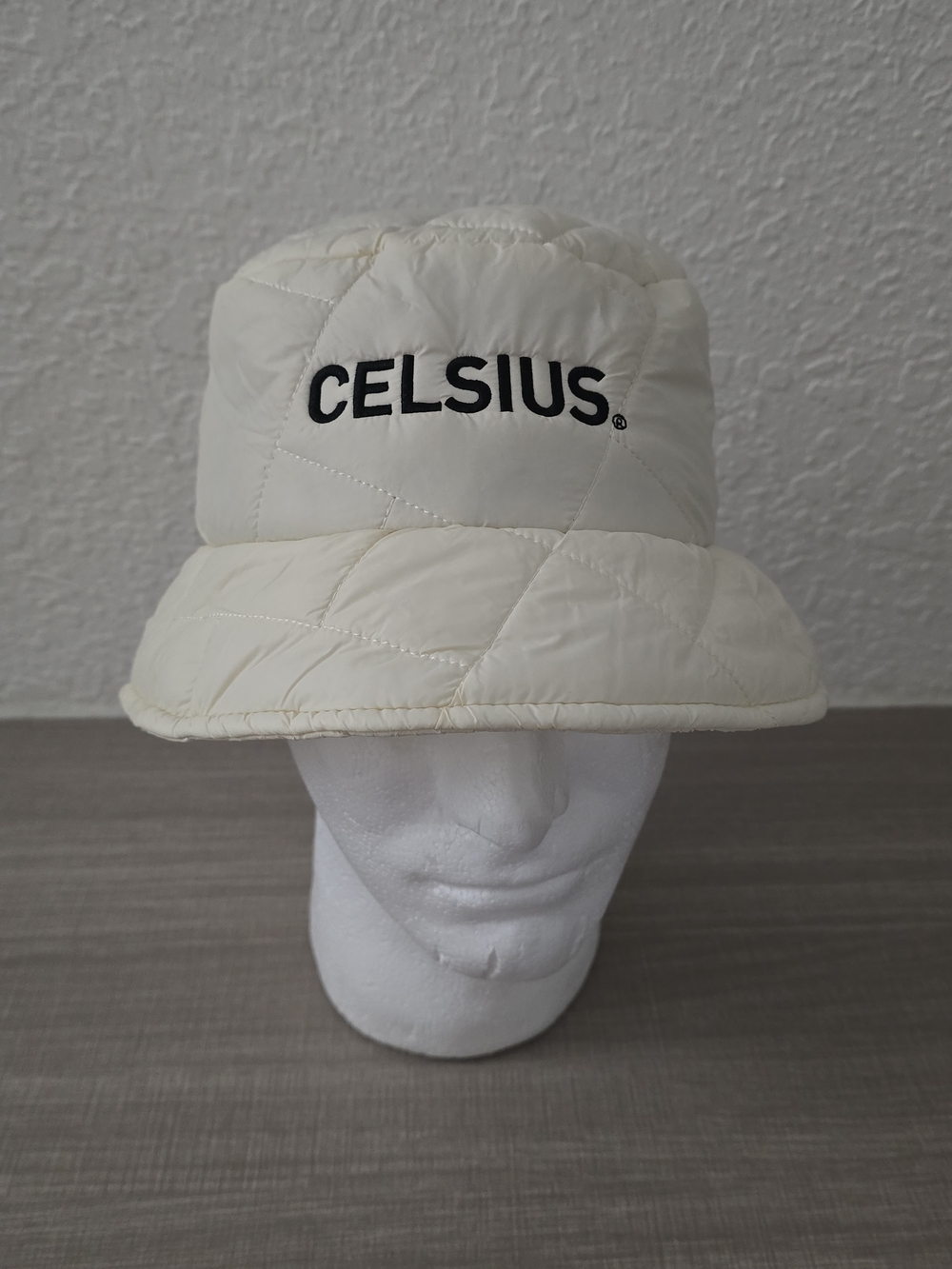 CELSIUS Essential Energy Drink Quilted Puffer Bucket Hat White Cream Solost